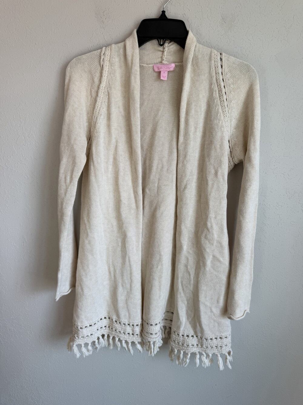 Lilly Pulitzer Tatum Long Line Fringe Cream Open Front Cardigan Womens S Casual
